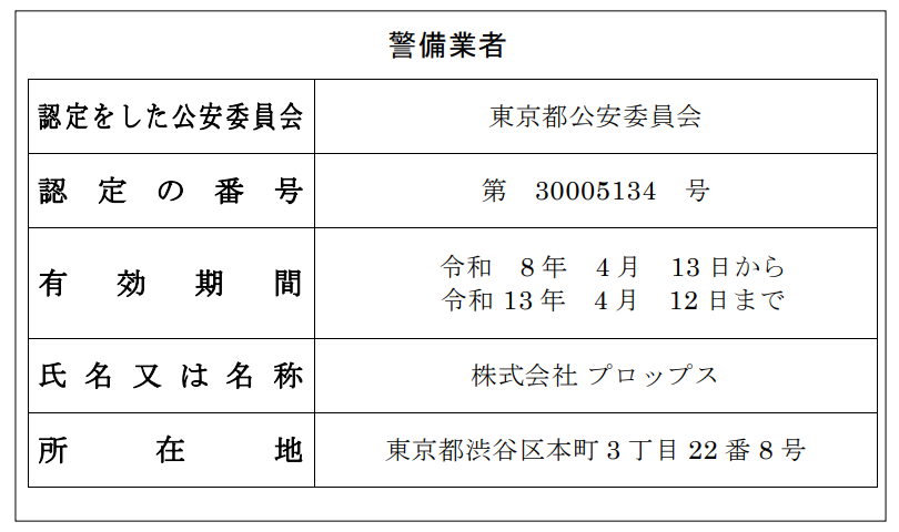 株式会社プロップス 警備業者標識 東京都公安委員会 認定番号 第30005134号